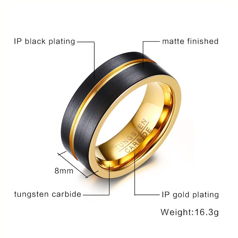 Tungsten Carbide 8mm Matte Black and Yellow Finish Men Wedding Band Size 9