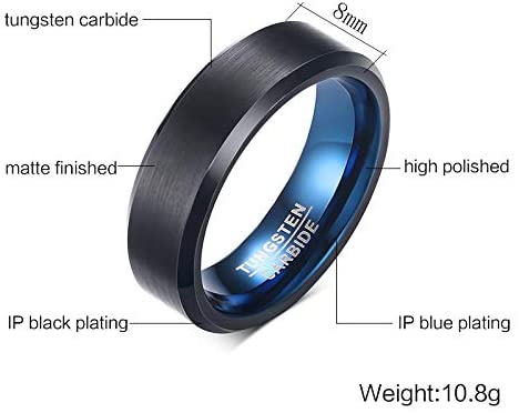 TUNGSTEN CARBIDE 6MM BLACK WITH BLUE INSIDE MEN&#39;S WEDDING BAND RING SIZE 10