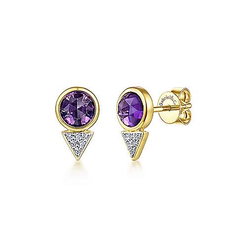 Gabriel & Co. 14K Yellow Gold Geometric Amethyst and Triangle 0.08ct Diamond Cluster Stud Earrings EG13569Y45AM