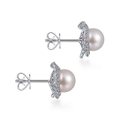 Gabriel & Co. 14k White Gold Round Cultured Pearl Swirling 0.61ct Diamond Halo Stud Earrings EG13669W45PL