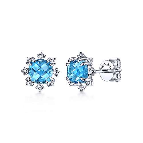 Gabriel & Co. 14k White Gold Cushion Cut Swiss Blue Topaz 0.15ct Diamond Stud Earrings EG13684W45BT