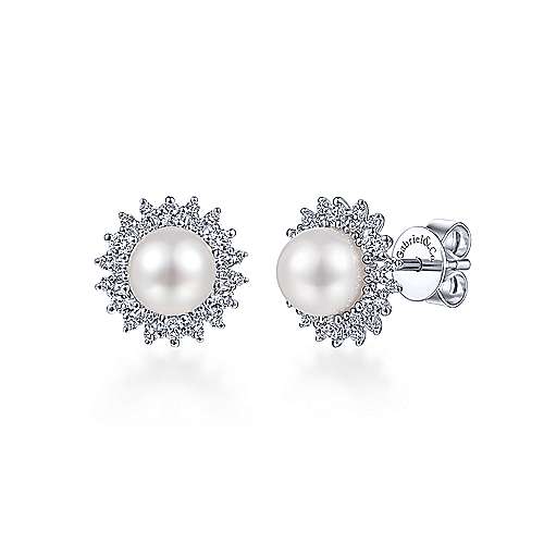 Gabriel & Co. 14k White Gold Cultured Pearl Scalloped 0.42ct Diamond Halo Stud Earrings EG13692W45PL