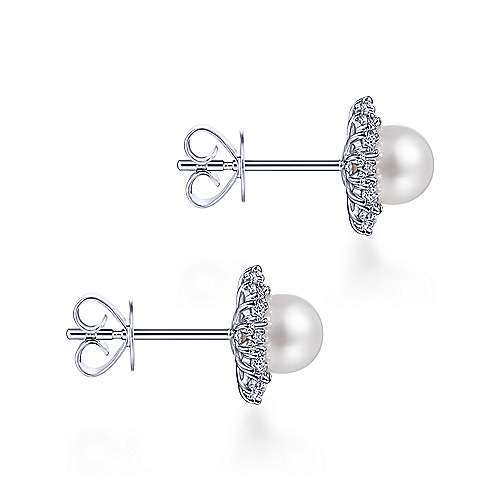 Gabriel & Co. 14k White Gold Cultured Pearl Scalloped 0.42ct Diamond Halo Stud Earrings EG13692W45PL