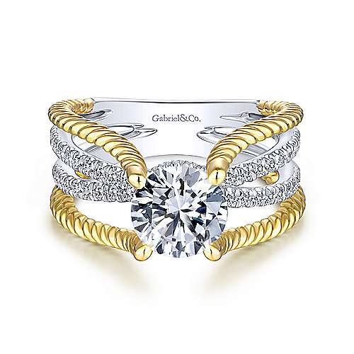 Gabriel &amp; Co 14K White Yellow Gold Free Form Round Diamond Engagement Ring ER14048R6M44JJ