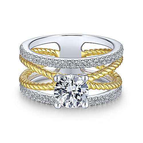 Gabriel &amp; Co 14K White Yellow Gold Free Form Round Diamond Engagement Ring ER14050R4M44JJ