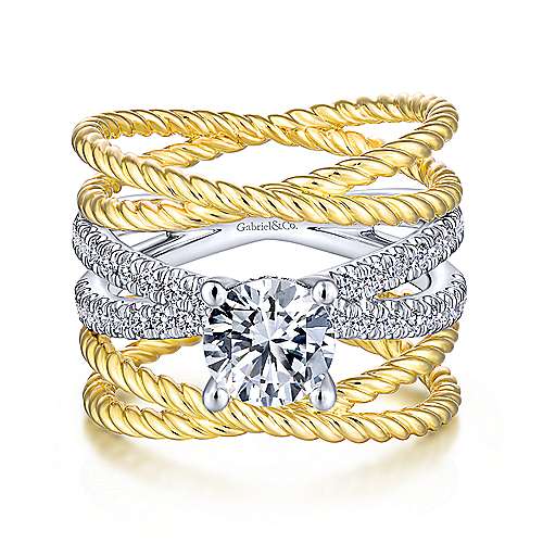 Gabriel &amp; Co 14K White Yellow Gold Free Form Round Diamond Engagement Ring ER14051R4M44JJ