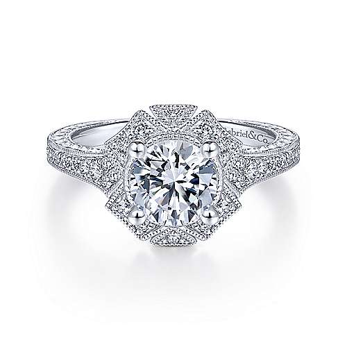 Gabriel & Co Unique 14K White Gold Art Deco Halo Engagement Ring  ER14444R4W44JJ