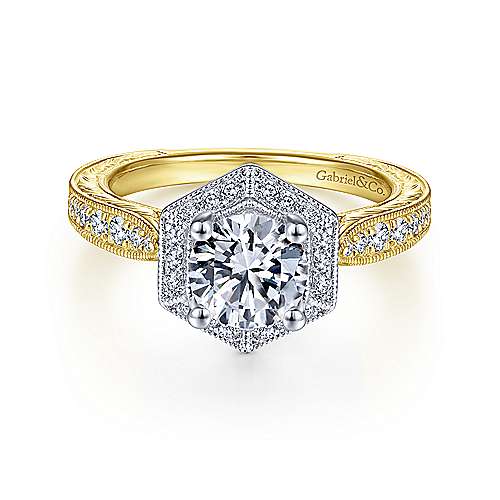 Gabriel &amp; Co 14K White-Yellow Gold Round Diamond Halo Engagement Ring ER14499R4M44JJ