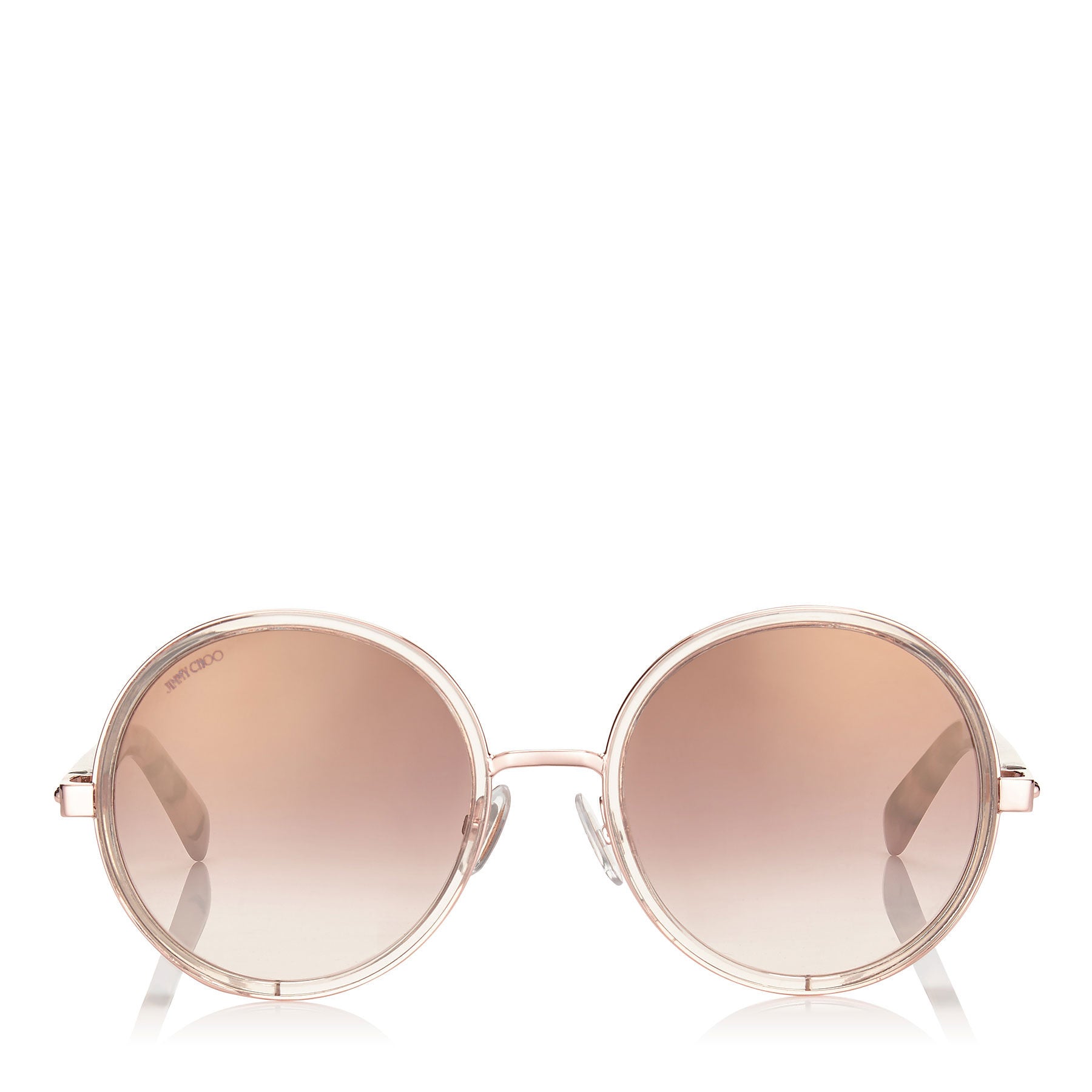 JIMMY CHOO Andie Shaded Mirror Gold Acetate Round Framed Sunglasses with Gold Silver Crystal Fabric Detailing and Havana Brown Arms ITEM NO. ANDIES54EJ7A