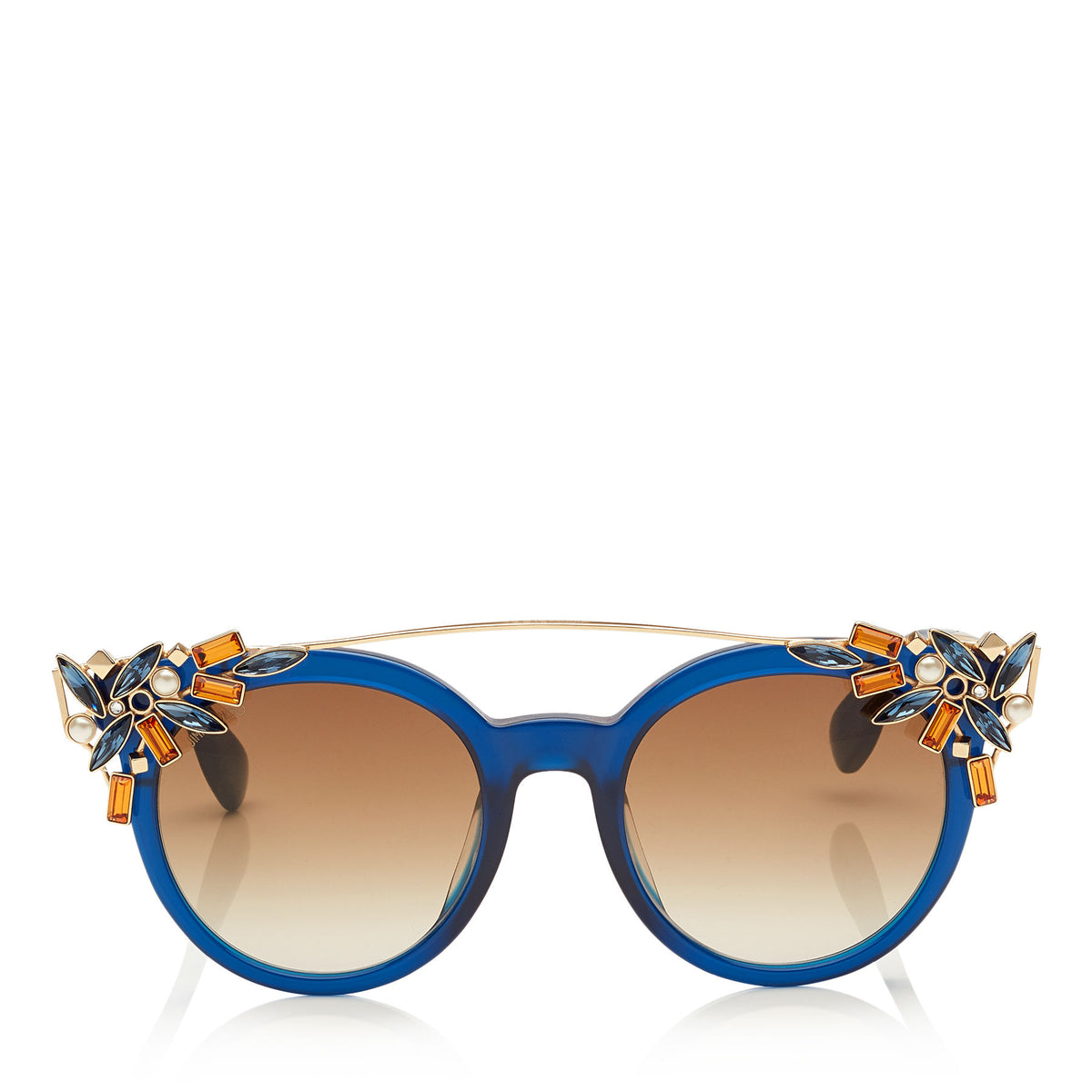 JIMMY CHOO Vivy Blue and Gold Round Framed Sunglasses with Detachable Jewel Clip On ITEM NO. VIVYS51E1UN