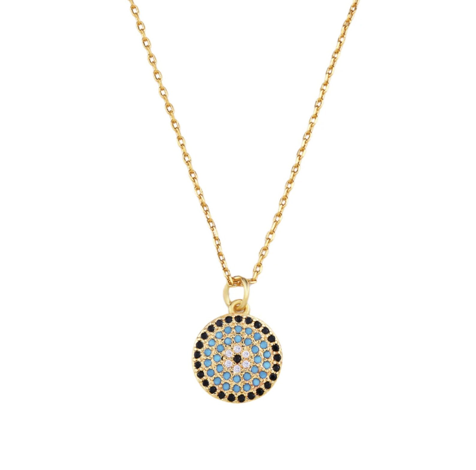 Luxe Time USA .925 Sterling Silver Gold Tone Round Evil Eye Necklace Chain Pendant w/ Ext