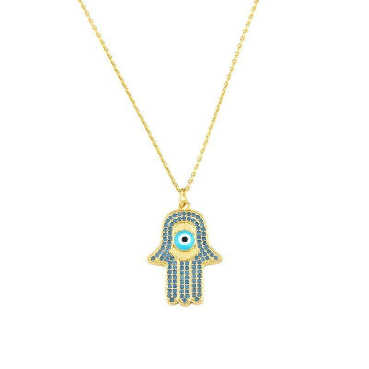 Luxe Time USA .925 Sterling Silver Gold Tone Hamsa Evil Eye Necklace Chain Pendant w/ Ext