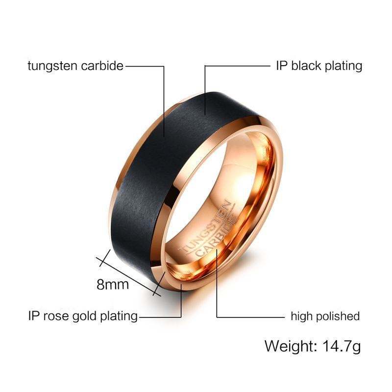 Tungsten Carbide 8mm Matte Black and Rose Finish Men Wedding Band Size 8