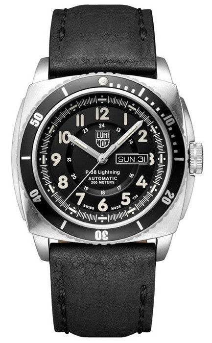 Luminox 9401 Mens P-38 Lightning Automatic Black Leather Watch
